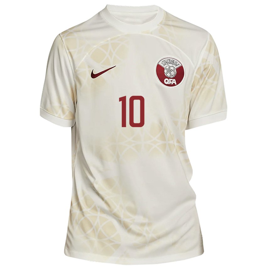 Homme Maillot Qatar Hasan Al Haydos #10 Beige Doré Tenues Extérieur 22-24 T-shirt Belgique