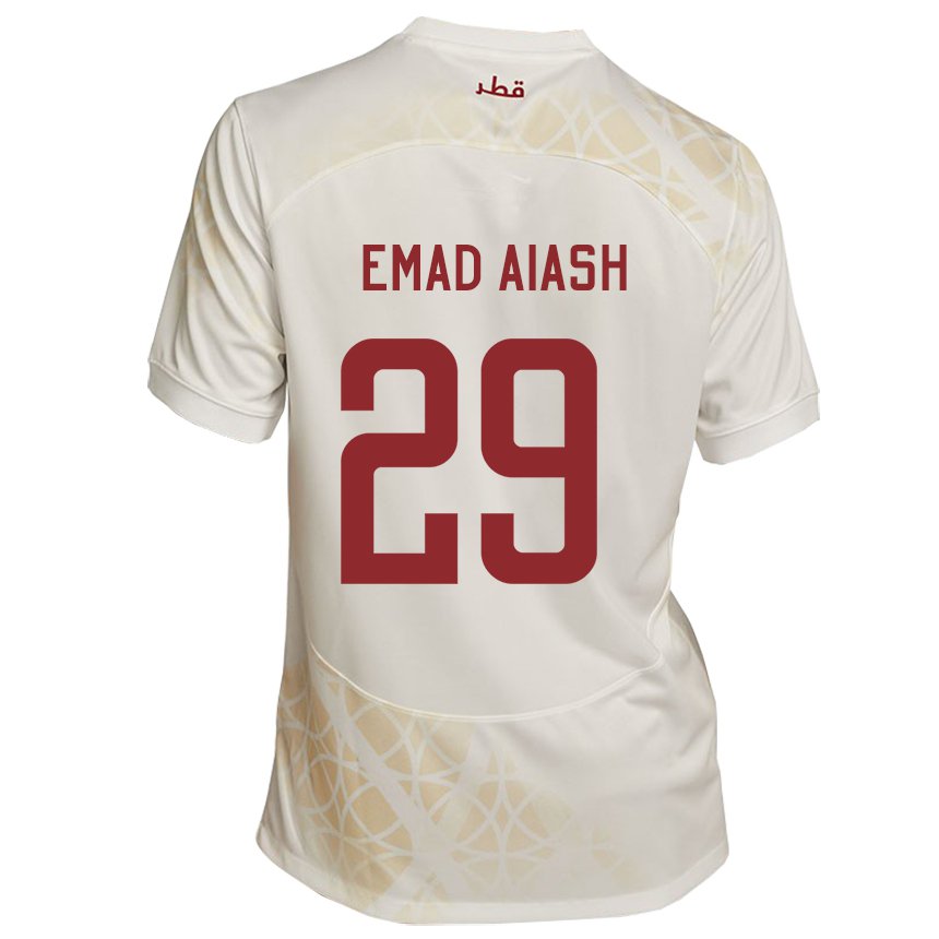 Herren Katarische Mohamed Emad Aiash #29 Goldbeige Auswärtstrikot Trikot 22-24 T-shirt Belgien