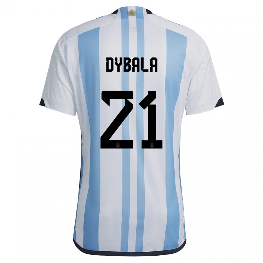 Femme Maillot Argentine Paulo Dybala #21 Blanc Bleu Ciel Tenues Domicile 22-24 T-shirt Belgique