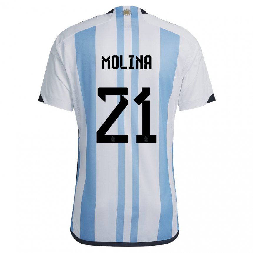 Femme Maillot Argentine Nahuel Molina #21 Blanc Bleu Ciel Tenues Domicile 22-24 T-shirt Belgique