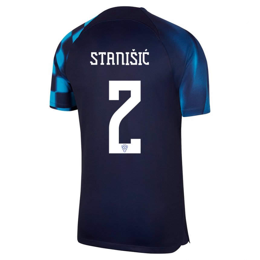 Femme Maillot Croatie Josip Stanisic #2 Bleu Foncé Tenues Extérieur 22-24 T-shirt Belgique