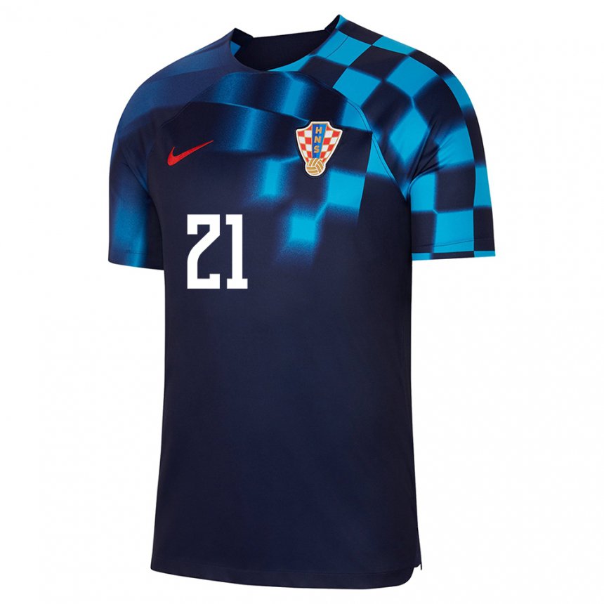 Damen Kroatische Domagoj Vida #21 Dunkelblau Auswärtstrikot Trikot 22-24 T-shirt Belgien