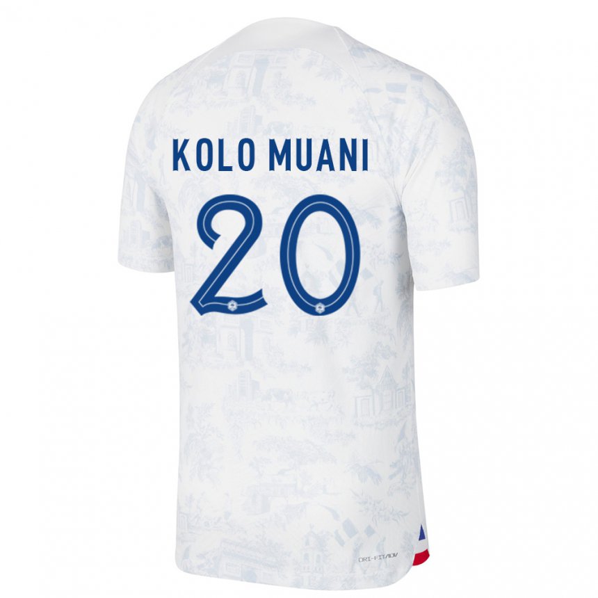 Damen Französische Randal Kolo Muani #20 Weiß Blau Auswärtstrikot Trikot 22-24 T-shirt Belgien