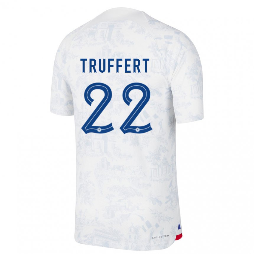 Damen Französische Adrien Truffert #22 Weiß Blau Auswärtstrikot Trikot 22-24 T-shirt Belgien
