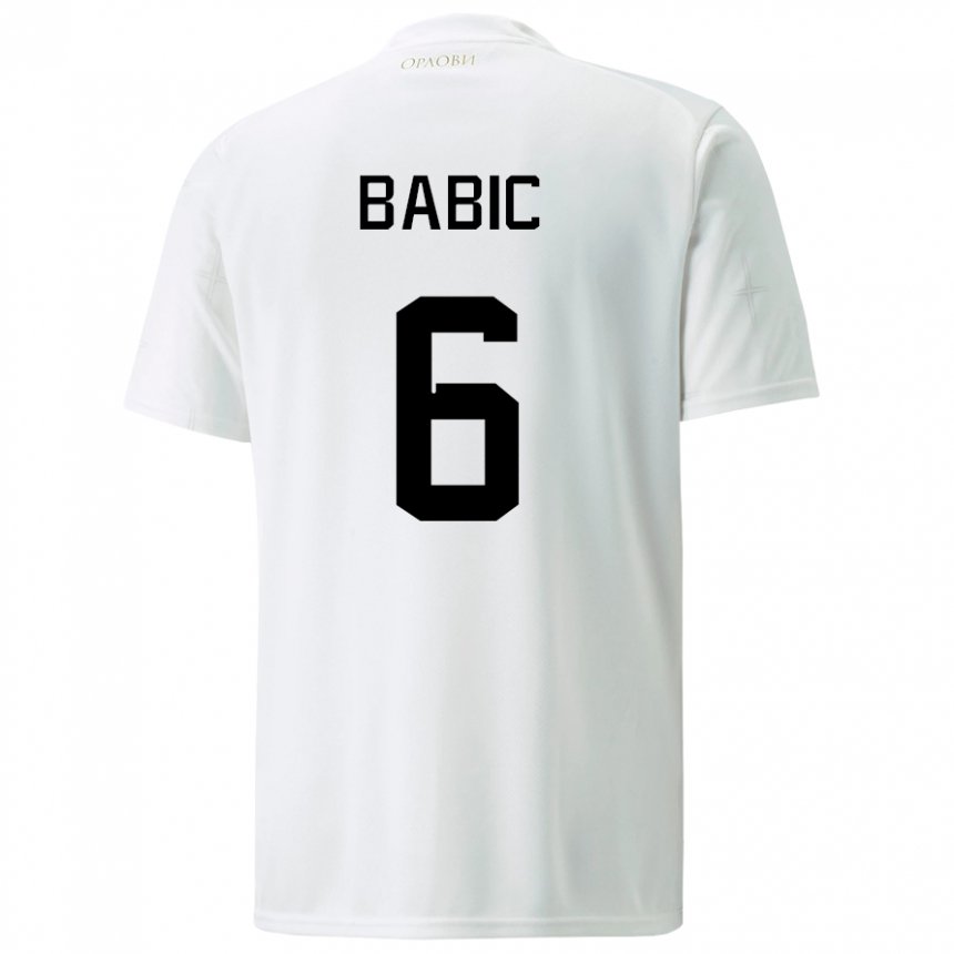 Femme Maillot Serbie Srdjan Babic #6 Blanc Tenues Extérieur 22-24 T-shirt Belgique