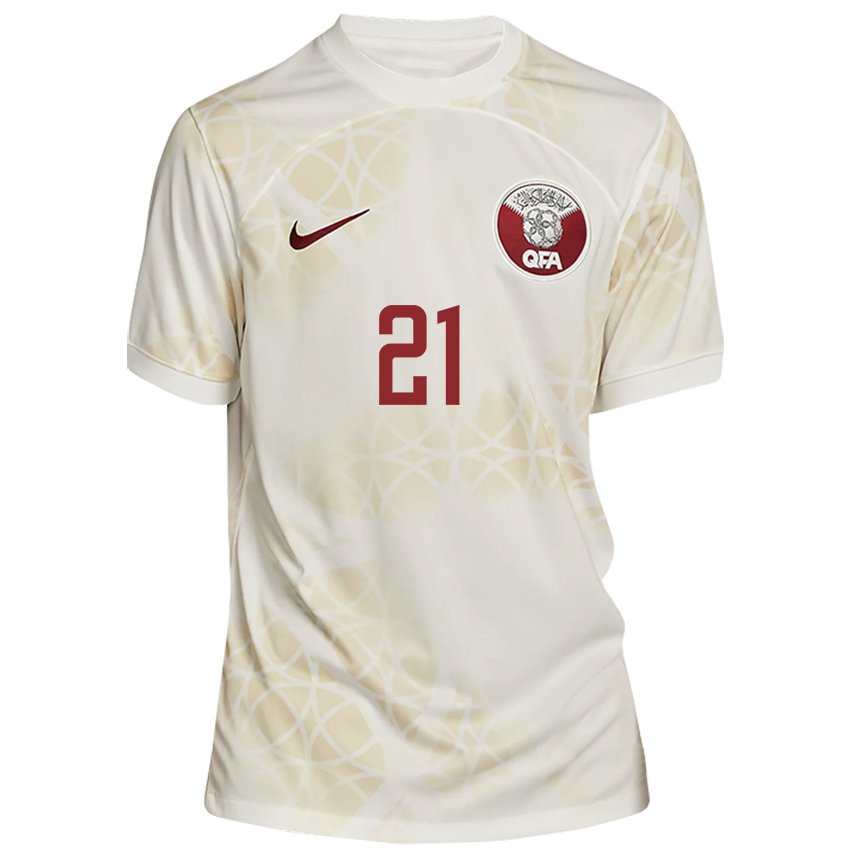Damen Katarische Yousof Hassan #21 Goldbeige Auswärtstrikot Trikot 22-24 T-shirt Belgien