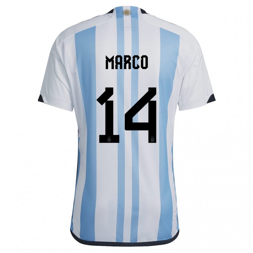 Kinder Argentinische Francisco Marco #14 Weiß Himmelblau Heimtrikot Trikot 22-24 T-shirt Belgien