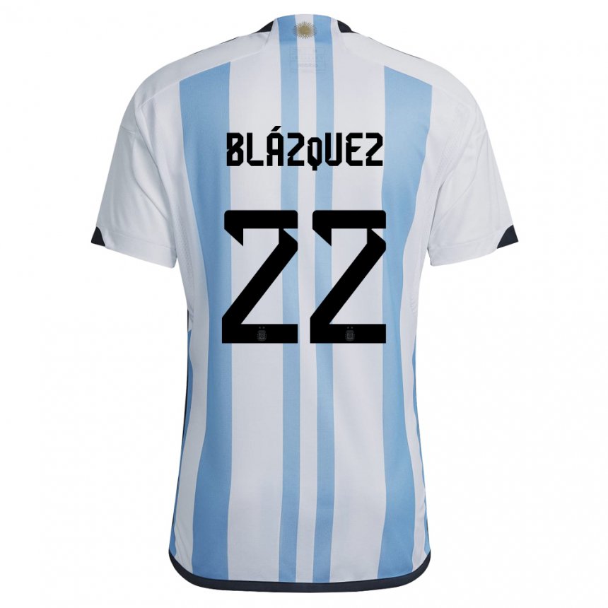 Kinder Argentinische Joaquin Blazquez #22 Weiß Himmelblau Heimtrikot Trikot 22-24 T-shirt Belgien