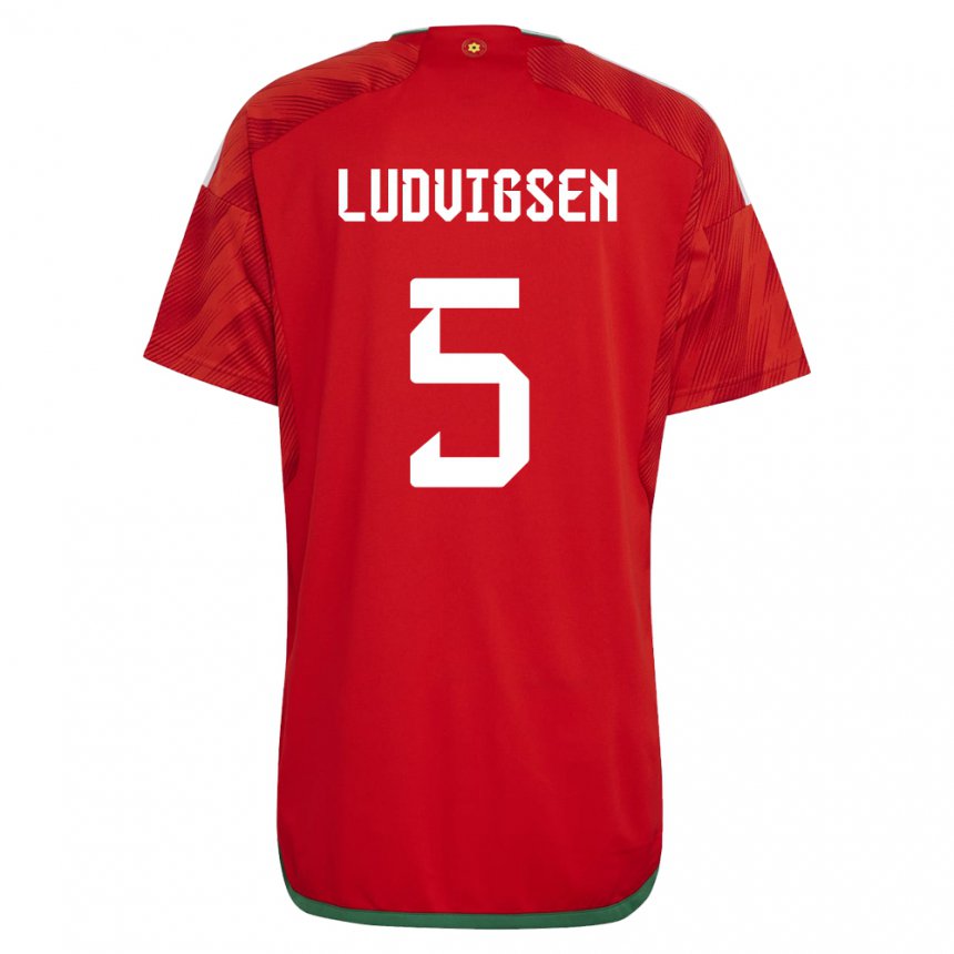 Kinder Walisische Kai Ludvigsen #5 Rot Heimtrikot Trikot 22-24 T-shirt Belgien