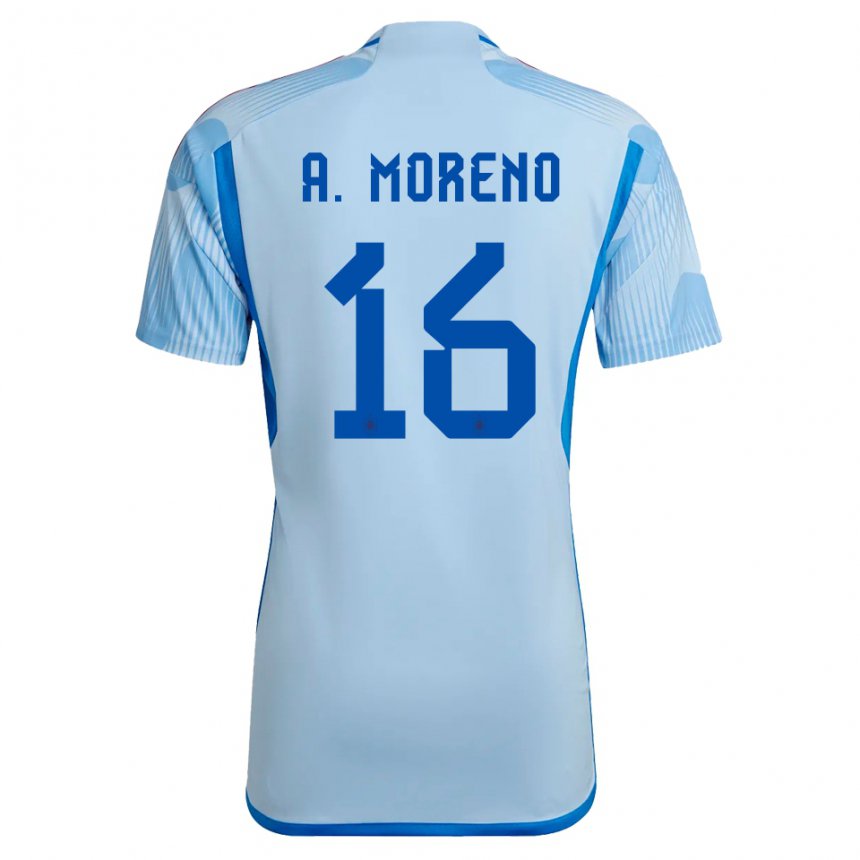 Kinder Spanische Antonio David Moreno #16 Himmelblau Auswärtstrikot Trikot 22-24 T-shirt Belgien