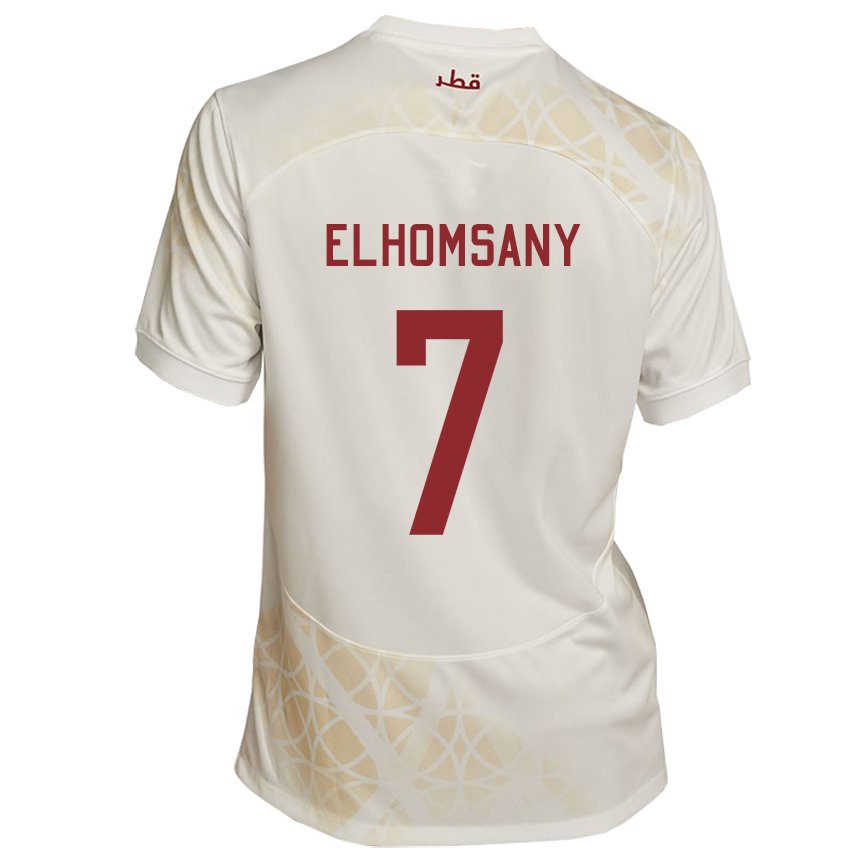 Kinder Katarische Yasmeen Elhomsany #7 Goldbeige Auswärtstrikot Trikot 22-24 T-shirt Belgien