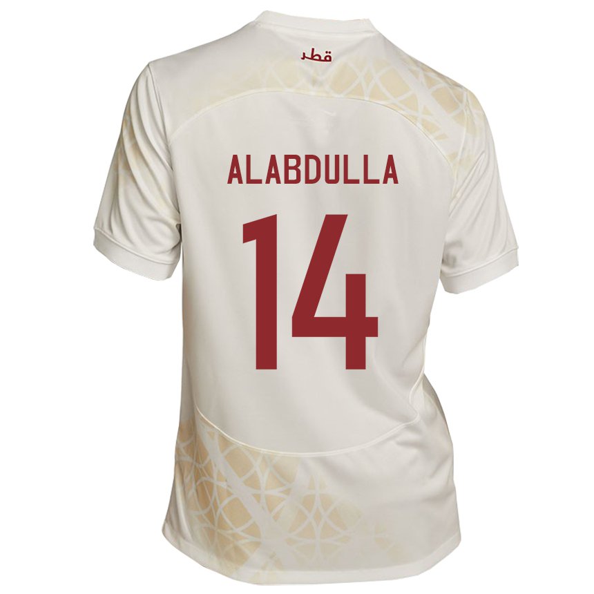 Kinder Katarische Moudhi Alabdulla #14 Goldbeige Auswärtstrikot Trikot 22-24 T-shirt Belgien