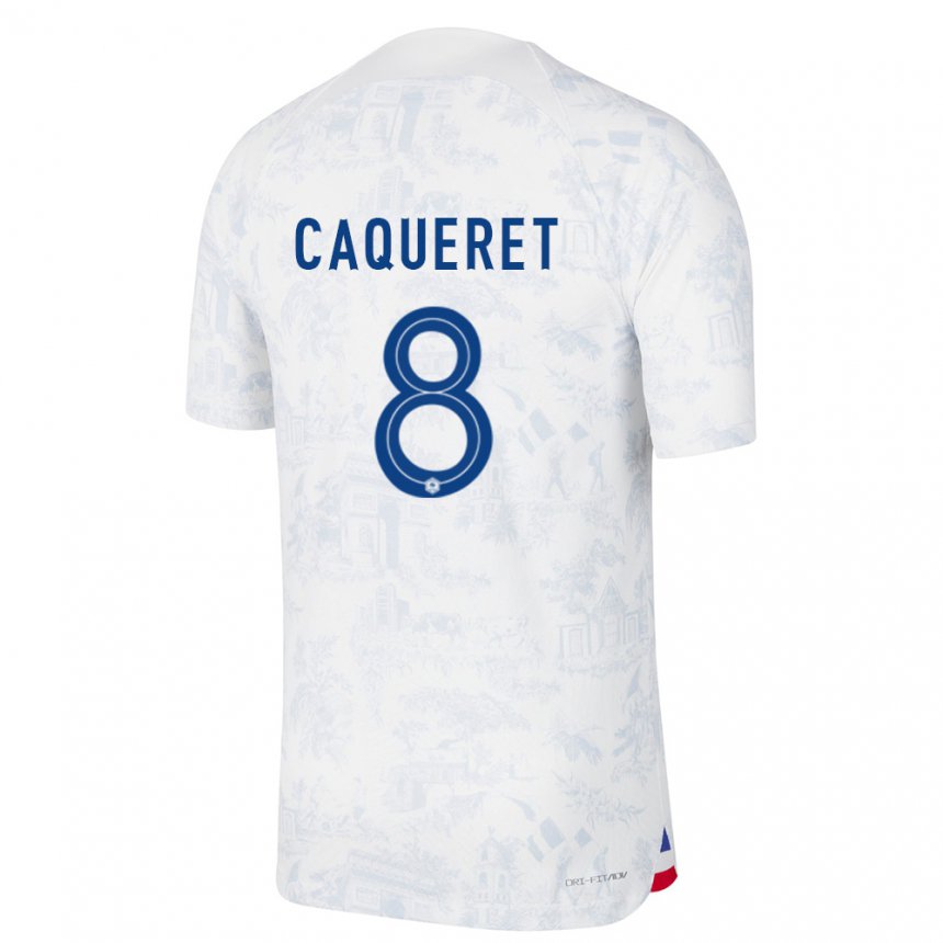 Kinder Französische Maxence Caqueret #8 Weiß Blau Auswärtstrikot Trikot 22-24 T-shirt Belgien