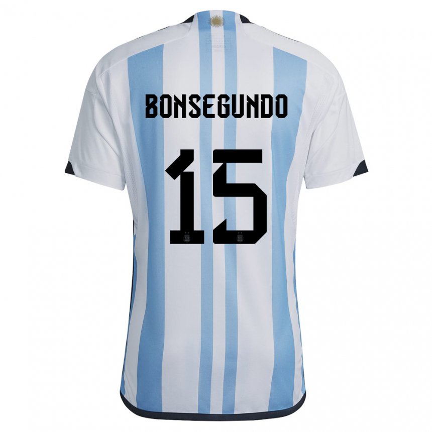 Homme Maillot Argentine Florencia Bonsegundo #15 Blanc Bleu Ciel Tenues Domicile 22-24 T-shirt Belgique