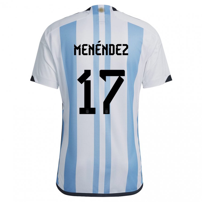 Homme Maillot Argentine Milagros Menendez #17 Blanc Bleu Ciel Tenues Domicile 22-24 T-shirt Belgique