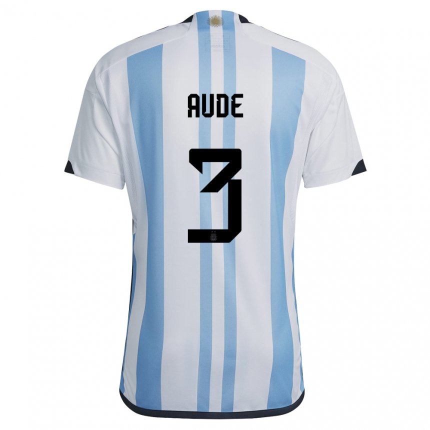 Homme Maillot Argentine Julian Aude #3 Blanc Bleu Ciel Tenues Domicile 22-24 T-shirt Belgique