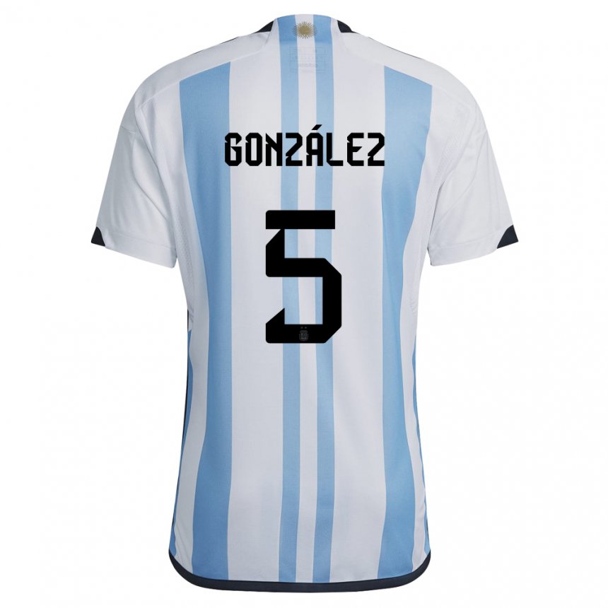 Herren Argentinische Maximiliano Gonzalez #5 Weiß Himmelblau Heimtrikot Trikot 22-24 T-shirt Belgien