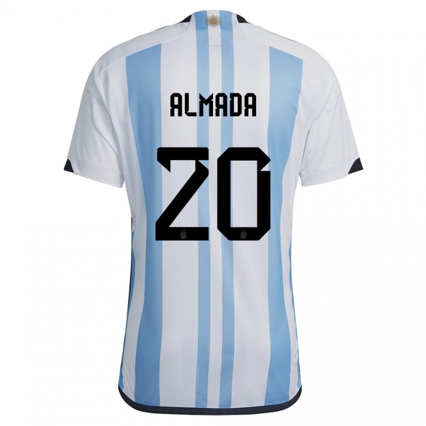 Herren Argentinische Thiago Almada #20 Weiß Himmelblau Heimtrikot Trikot 22-24 T-shirt Belgien