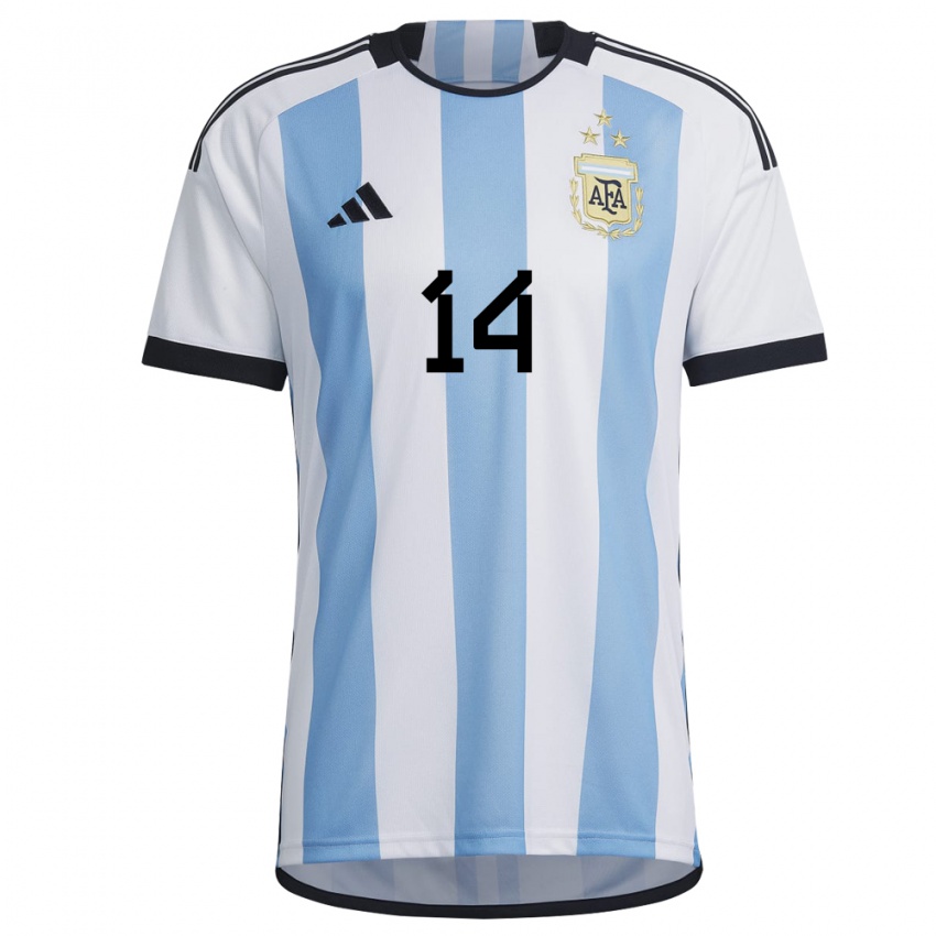 Herren Argentinische Lautaro Lopez #14 Weiß Himmelblau Heimtrikot Trikot 22-24 T-shirt Belgien