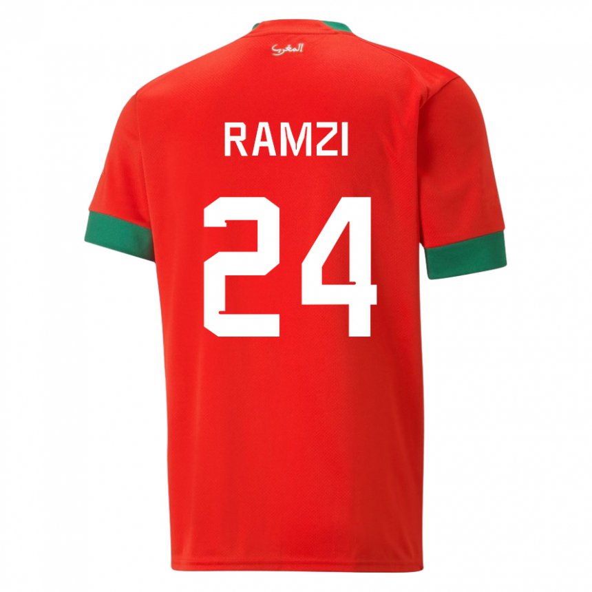 Homme Maillot Maroc Achraf Ramzi #24 Rouge Tenues Domicile 22-24 T-shirt Belgique