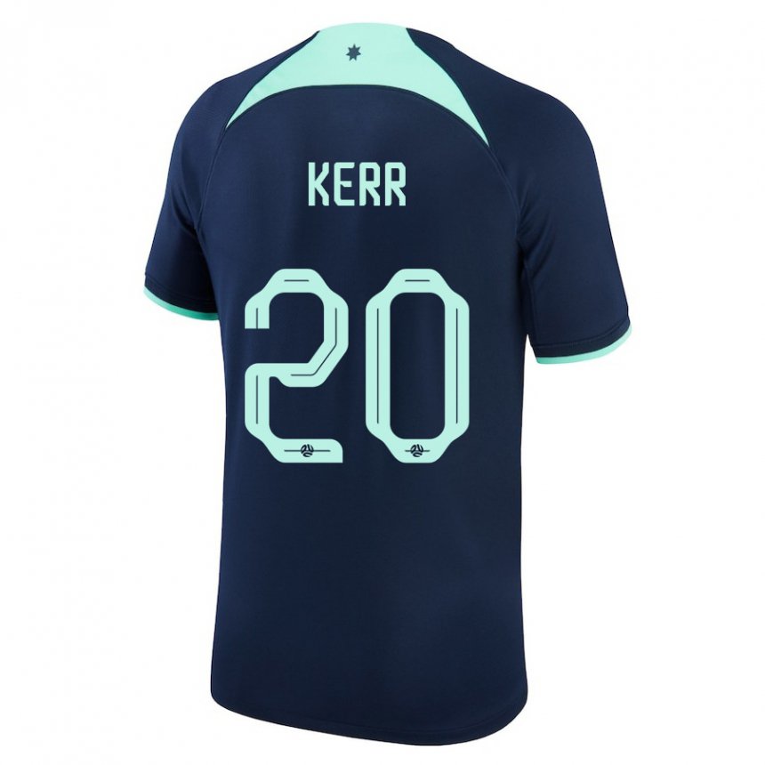 Homme Maillot Australie Sam Kerr #20 Bleu Foncé Tenues Extérieur 22-24 T-shirt Belgique
