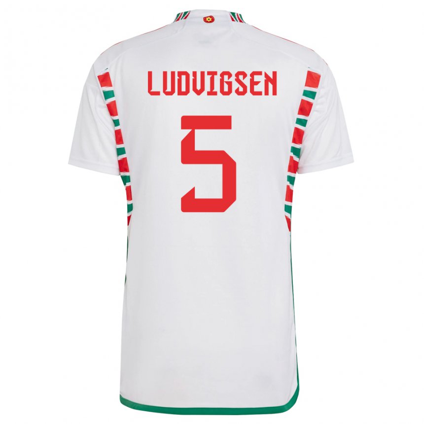 Herren Walisische Kai Ludvigsen #5 Weiß Auswärtstrikot Trikot 22-24 T-shirt Belgien