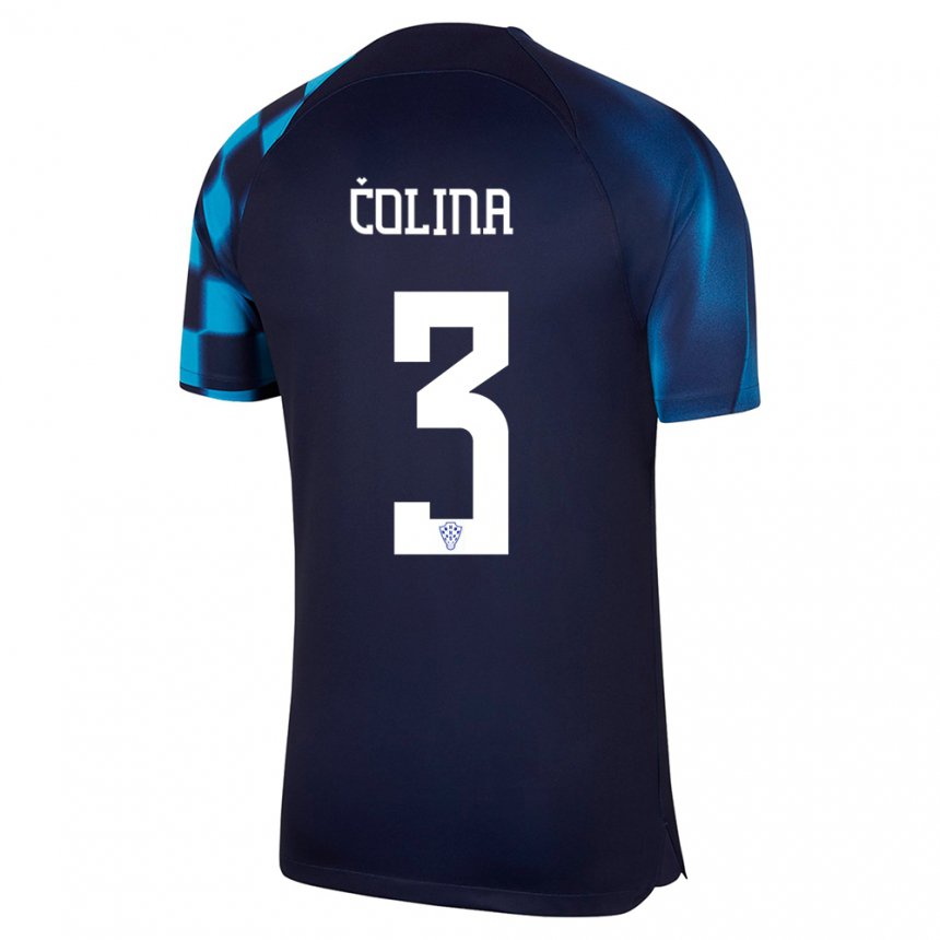 Herren Kroatische David Colina #3 Dunkelblau Auswärtstrikot Trikot 22-24 T-shirt Belgien