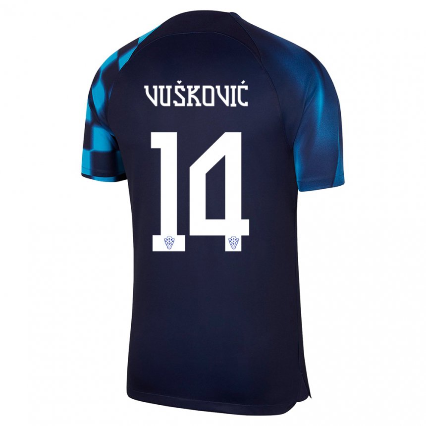Herren Kroatische Mario Vuskovic #14 Dunkelblau Auswärtstrikot Trikot 22-24 T-shirt Belgien