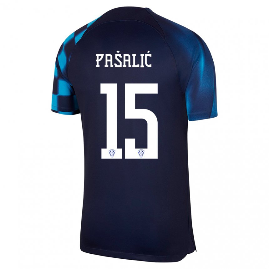 Herren Kroatische Marco Pasalic #15 Dunkelblau Auswärtstrikot Trikot 22-24 T-shirt Belgien