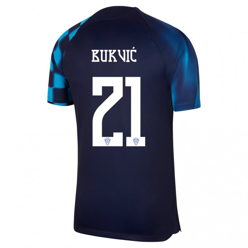 Herren Kroatische Domagoj Bukvic #21 Dunkelblau Auswärtstrikot Trikot 22-24 T-shirt Belgien