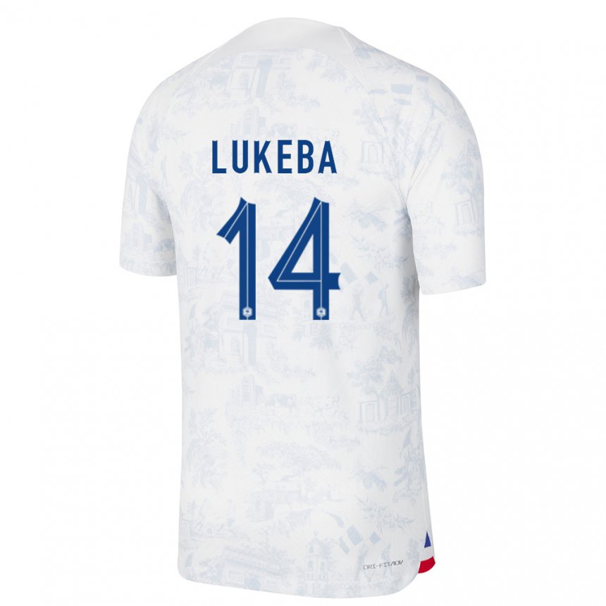 Herren Französische Castello Lukeba #14 Weiß Blau Auswärtstrikot Trikot 22-24 T-shirt Belgien