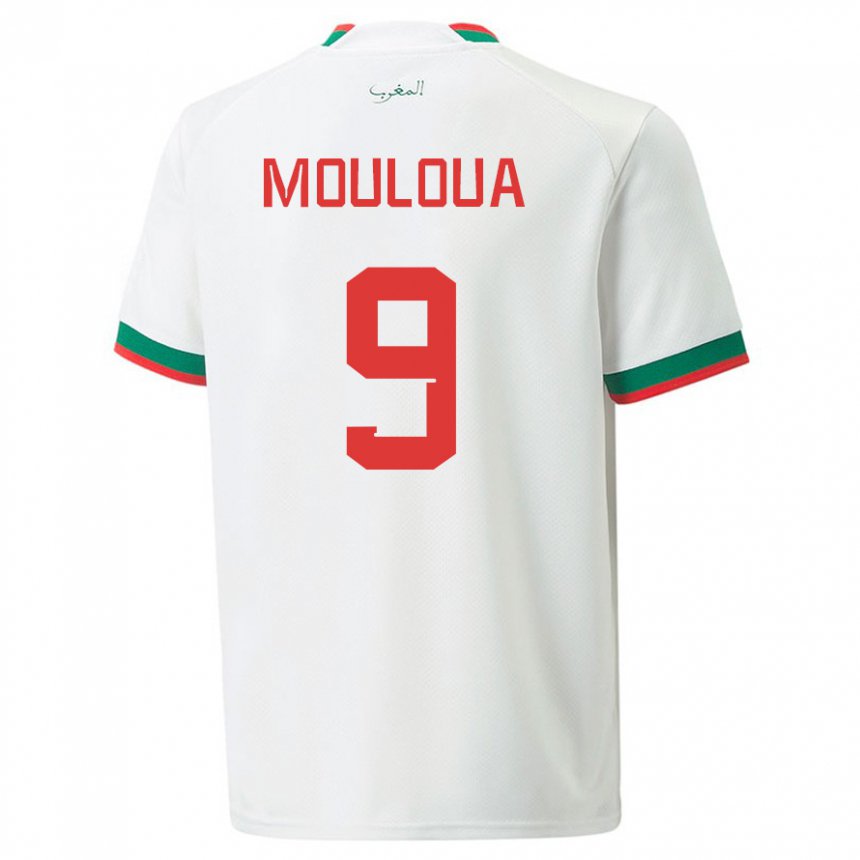 Homme Maillot Maroc Ayoub Mouloua #9 Blanc Tenues Extérieur 22-24 T-shirt Belgique