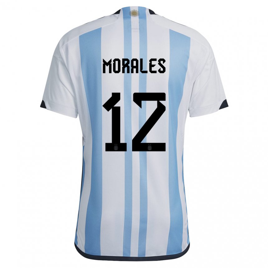 Femme Maillot Argentine Lautaro Morales #12 Blanc Bleu Ciel Tenues Domicile 22-24 T-shirt Belgique