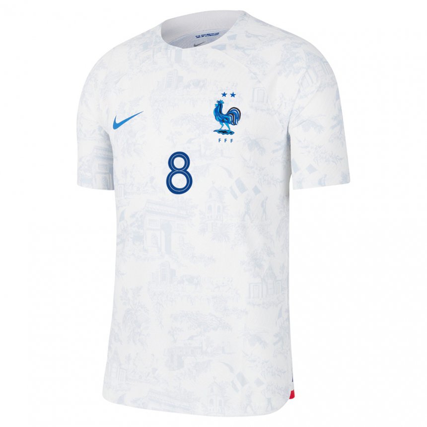 Damen Französische Maxence Caqueret #8 Weiß Blau Auswärtstrikot Trikot 22-24 T-shirt Belgien