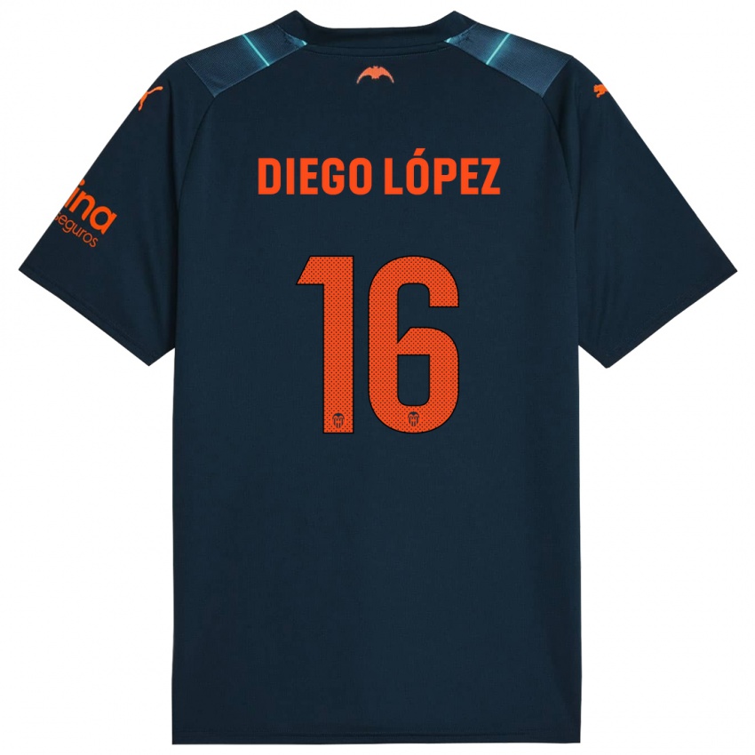 Enfant Maillot Diego Lopez #16 Bleu Marin Tenues Extérieur 2023/24 T-Shirt Belgique