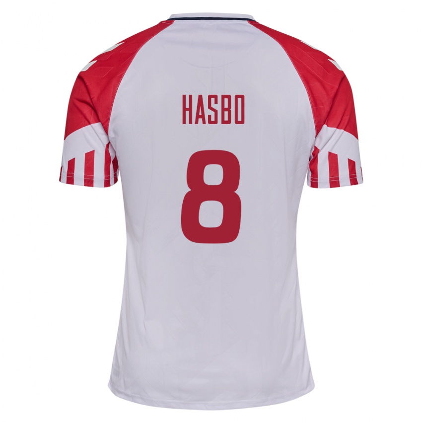 Herren Dänische Josefine Hasbo #8 Weiß Auswärtstrikot Trikot 24-26 T-Shirt Belgien
