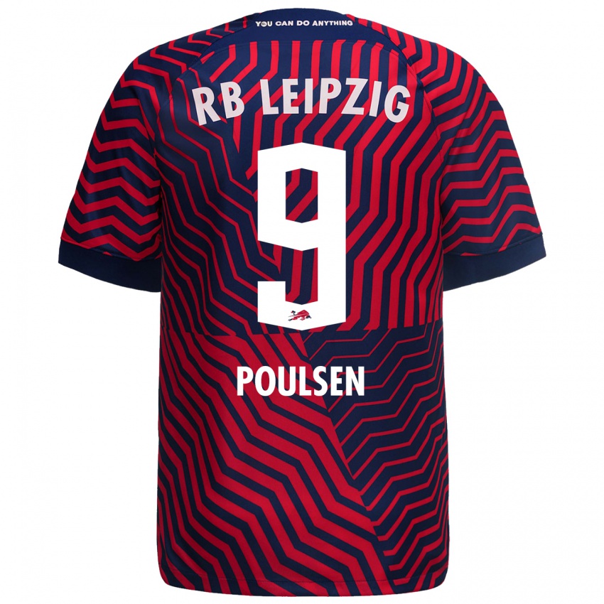 Herren Yussuf Poulsen #9 Blau Rot Auswärtstrikot Trikot 2023/24 T-Shirt Belgien