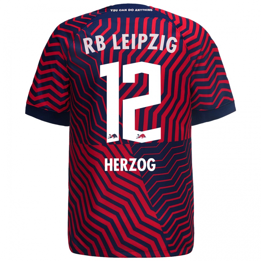 Herren Elvira Herzog #12 Blau Rot Auswärtstrikot Trikot 2023/24 T-Shirt Belgien