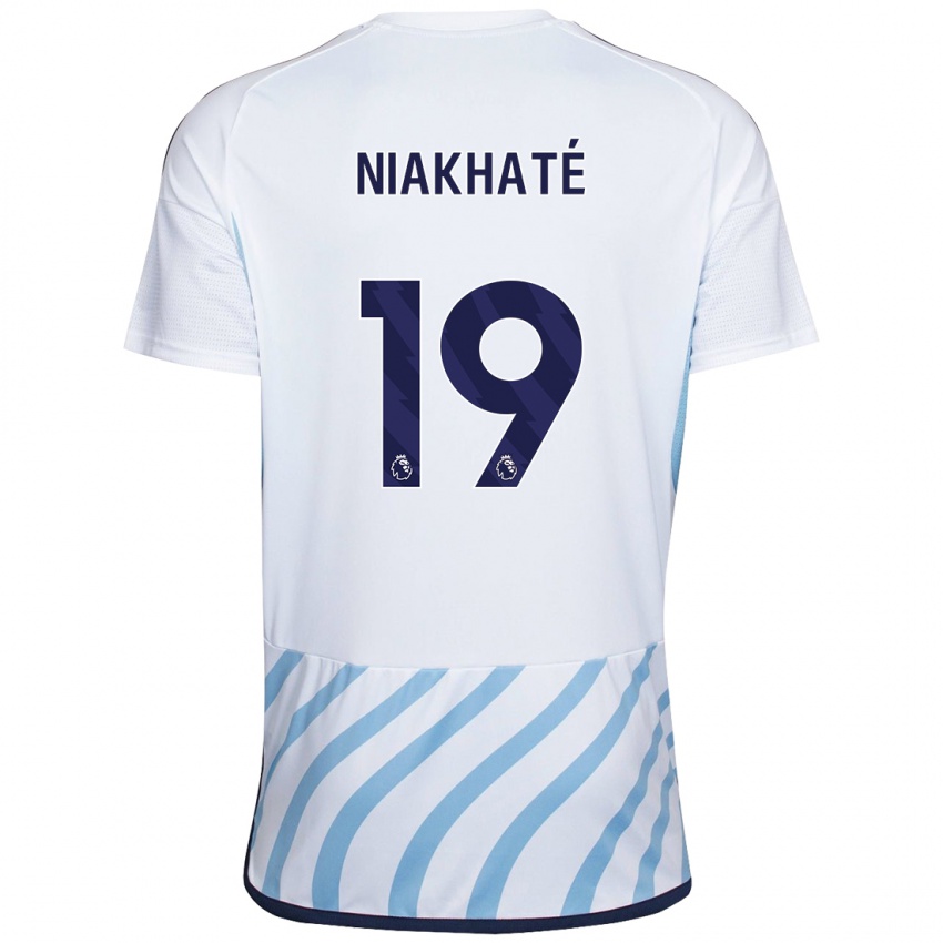 Enfant Maillot Moussa Niakhaté #19 Blanc Bleu Tenues Extérieur 2023/24 T-Shirt Belgique