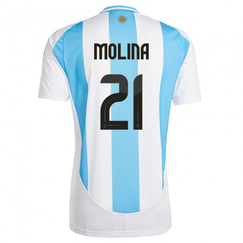Kinder Argentinien Nahuel Molina #21 Weiß Blau Heimtrikot Trikot 24-26 T-Shirt Belgien