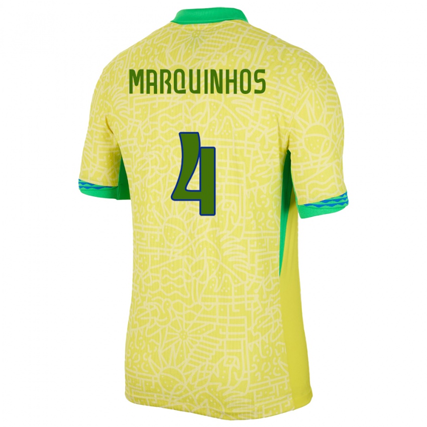 Kinderen Brazilië Marquinhos #4 Geel Thuisshirt Thuistenue 24-26 T-Shirt België