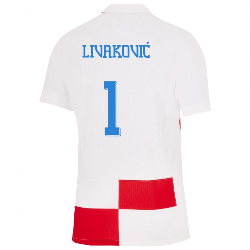 Kinder Kroatien Dominik Livakovic #1 Weiß Rot Heimtrikot Trikot 24-26 T-Shirt Belgien