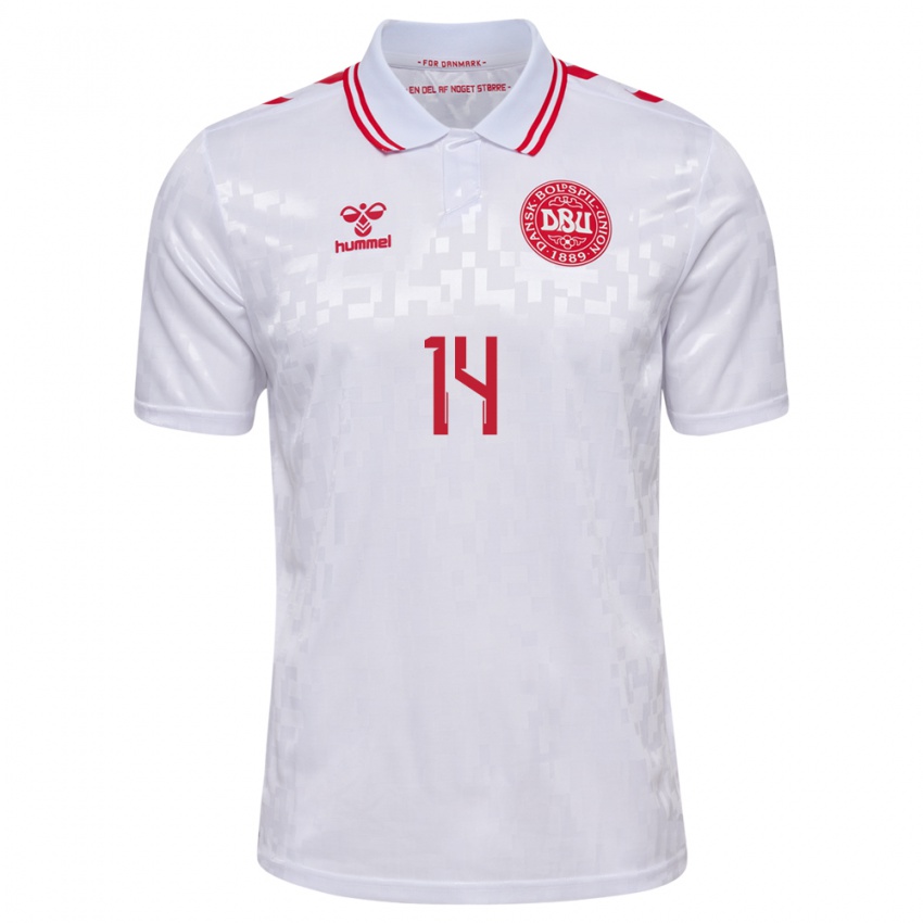 Kinder Dänemark Mikkel Damsgaard #14 Weiß Auswärtstrikot Trikot 24-26 T-Shirt Belgien