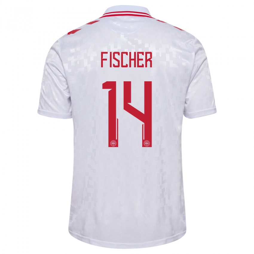 Kinder Dänemark Mikkel Fischer #14 Weiß Auswärtstrikot Trikot 24-26 T-Shirt Belgien