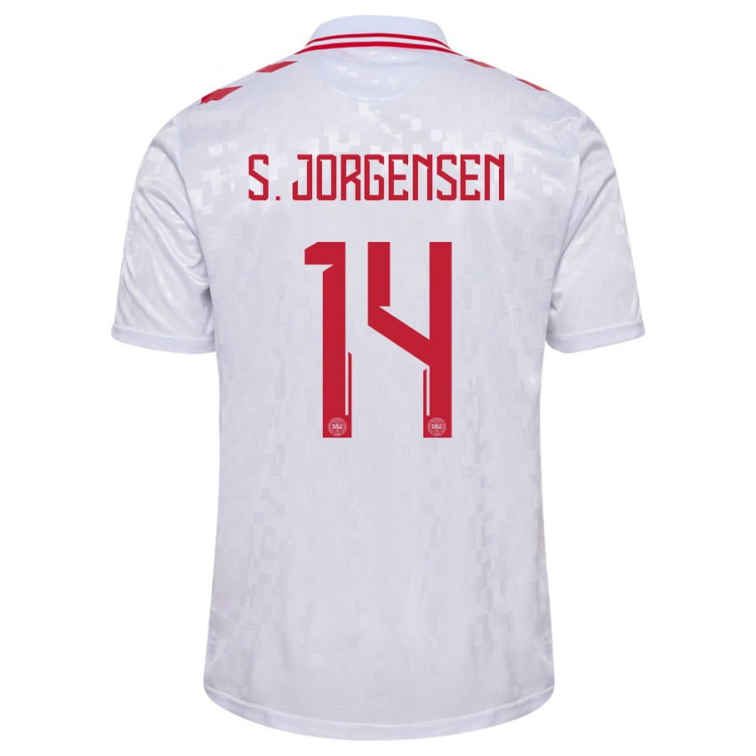 Enfant Maillot Danemark Sebastian Jorgensen #14 Blanc Tenues Extérieur 24-26 T-Shirt Belgique