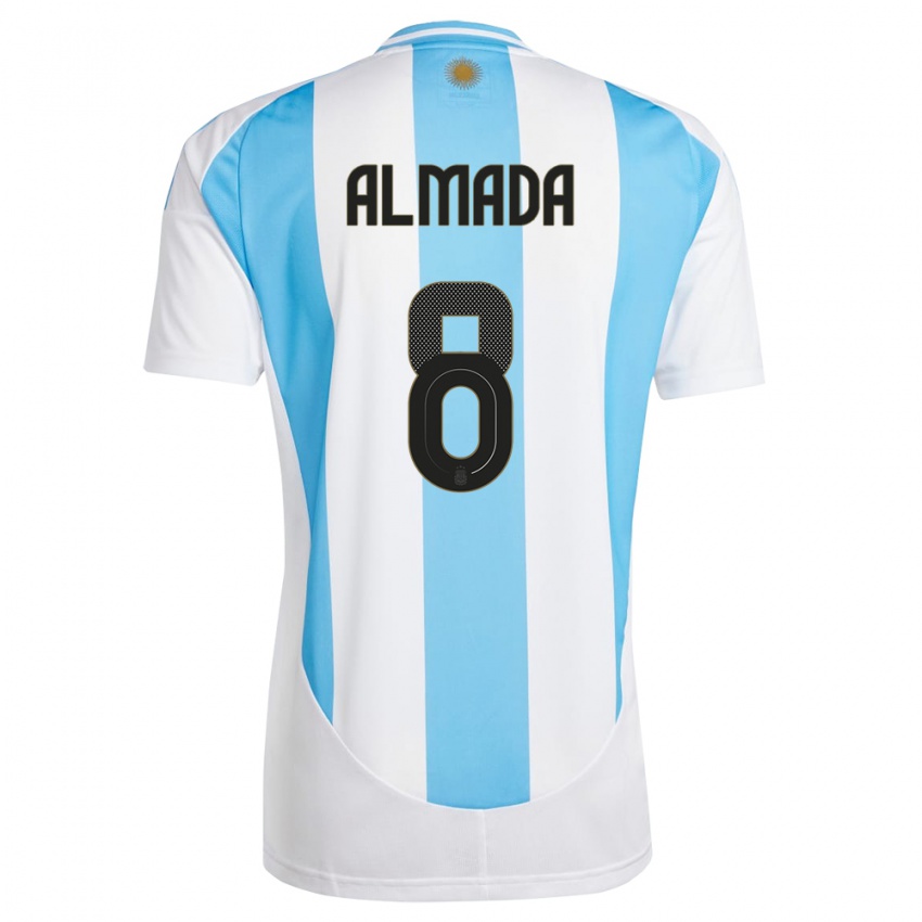 Herren Argentinien Thiago Almada #8 Weiß Blau Heimtrikot Trikot 24-26 T-Shirt Belgien