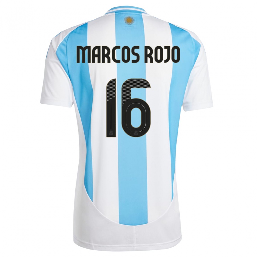Homme Maillot Argentine Marcos Rojo #16 Blanc Bleu Tenues Domicile 24-26 T-Shirt Belgique