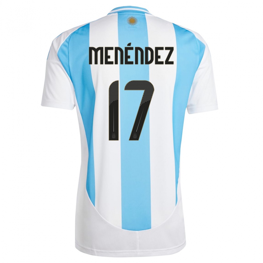 Homme Maillot Argentine Milagros Menendez #17 Blanc Bleu Tenues Domicile 24-26 T-Shirt Belgique