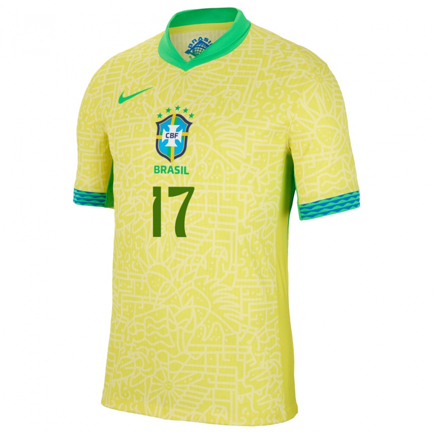 Homme Maillot Brésil Juninho #17 Jaune Tenues Domicile 24-26 T-Shirt Belgique