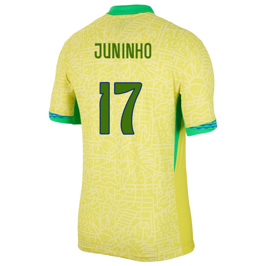 Homme Maillot Brésil Juninho #17 Jaune Tenues Domicile 24-26 T-Shirt Belgique